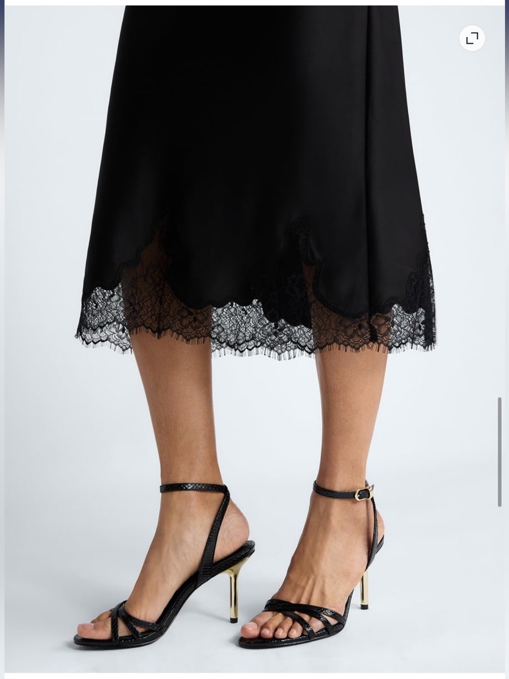 Satin Black Midi Slip Skirt with Lace Hem - Picture 3 of 10